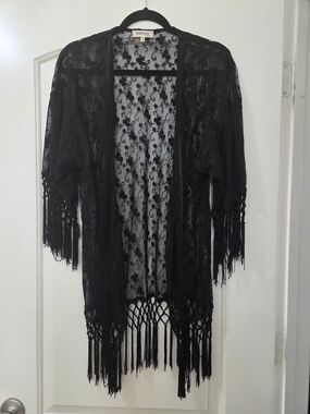 Monteau Black Sheer Floral Lace Kimono